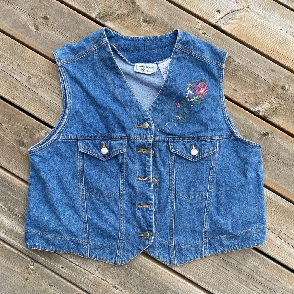 Vintage Blue Denim Vest with Floral Embroidery